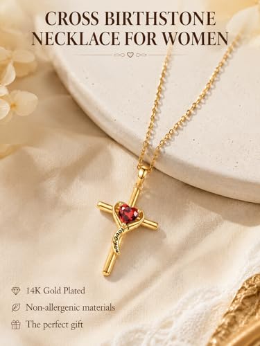 14K Gold Cross Necklace for Women Dainty Birthstone Pendant | Heart I Love You Romantic Jewelry Anniversary Christian Religious Baptism Birthday Gifts with 18"+2" Adjustable Chain - color: 14K Gold-01-Jan Birthstone