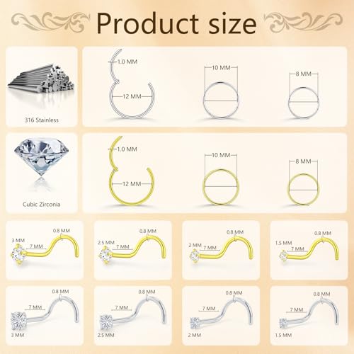 14Pcs Gold and Silver 18G Nose Ring Hoops and 20G Nose Studs Set | 316L surgical steel set with 18G nose hoops and 20G corkscrew CZ nose studs in 1.5/ 2/ 2.5/ 3mm for women and men
