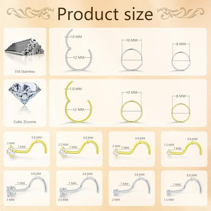 14Pcs Gold and Silver 18G Nose Ring Hoops and 20G Nose Studs Set | 316L surgical steel set with 18G nose hoops and 20G corkscrew CZ nose studs in 1.5/ 2/ 2.5/ 3mm for women and men
