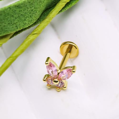 VERAMI 16G Surgical Steel Pushin Lip Rings Butterfly Flower Bee Nose Stud Rings Top Push in Threadless Flat Back Nose Rings Studs Cartilage Earrings for Womens - color: Gold-Pink CZ