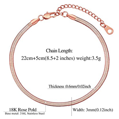 FindChic Elegant Herringbone Snake Chain Anklets/Bracelets 3MM/5MM Width Stainless Steel/18K Gold/Rose Gold Plated/Black 4 Color Options, 8.3'' 8.5'' 10.5'' Length, with Gift Box - color: A: 3mm 8.5'' anklet (Rose Gold Plated)