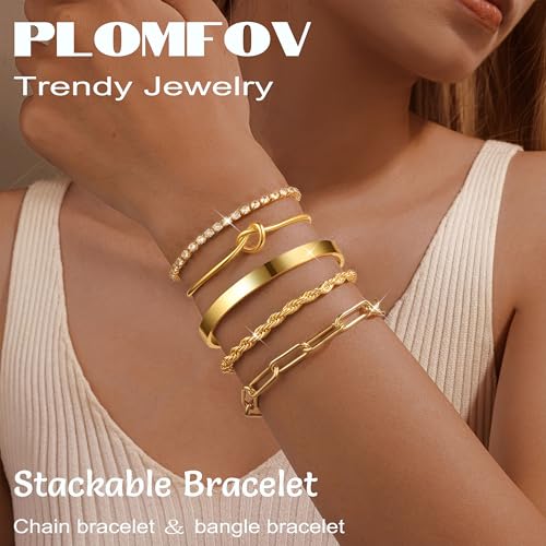 PLOMFOV Gold Bracelets for Women Stack Non Tarnish 14K Gold Plated Chunky Gold Bangles Bracelet Set Beaded Paperclip Chain Cuban Link Dainty Trendy Waterproof Stackable Cuff Bracelets Jewelry Gifts for Women - color: 5Pcs Gold-CZ Set