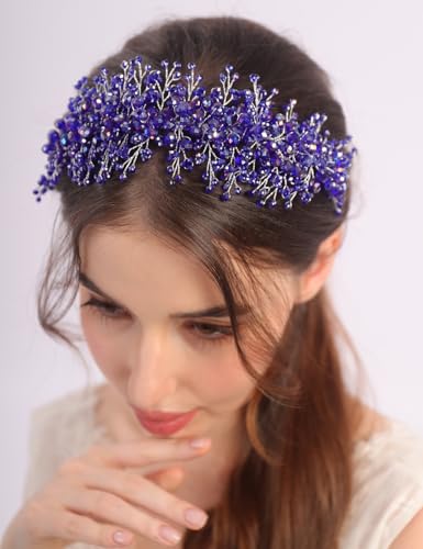 Rhinestones Beads Hair Crown for Wedding Brides Women Tiara Jewelry Handmade Sparkle Hair Piece - color: Blue