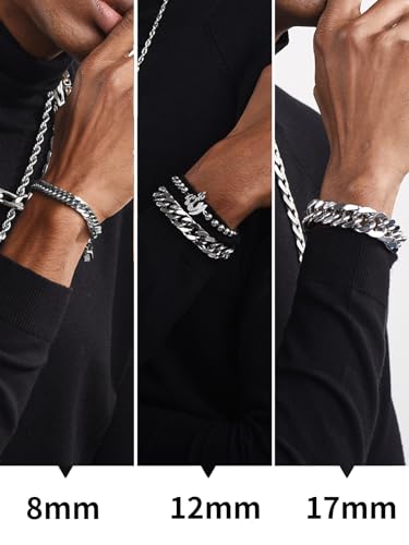 ChainsHouse Stainless Steel Cuban Link Bracelet, 6mm/8mm/12mm/17mm Width, 7.5"/8.3"/9", Black/ 18K Gold Plated Chain Wrist Bracelets for Men Women, Send Gift Box - color: R: Steel-17mm width-custom