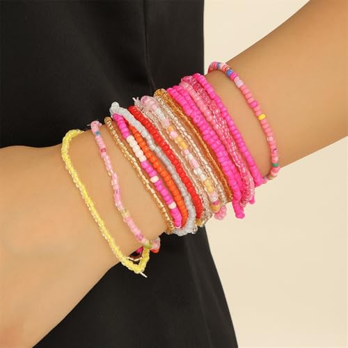 18Pcs Boho Stackable Beaded Bracelets for Women Colorful Handmade Multilayered Rice Beads Anklets Set Summer Beach Bohemian Jewelry Gift - color: Style 1 Pink B