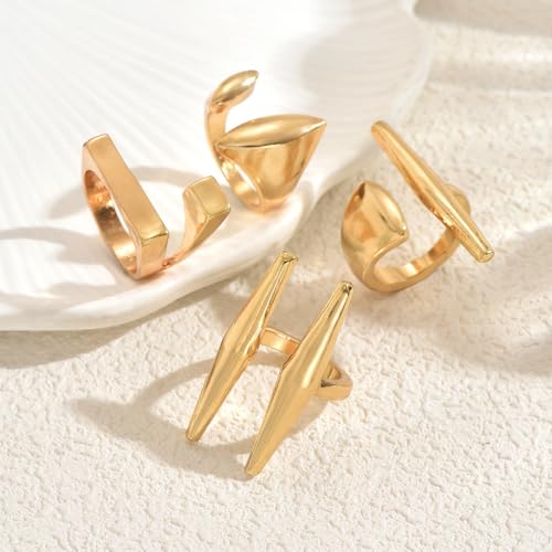 Gold Geometric Open Ring Set for Women, 4Pcs Adjustable Minimalist Rings, Abstract Sculptural Jewelry Set for Daily Wear and Gift - style: 0032-stackable rings