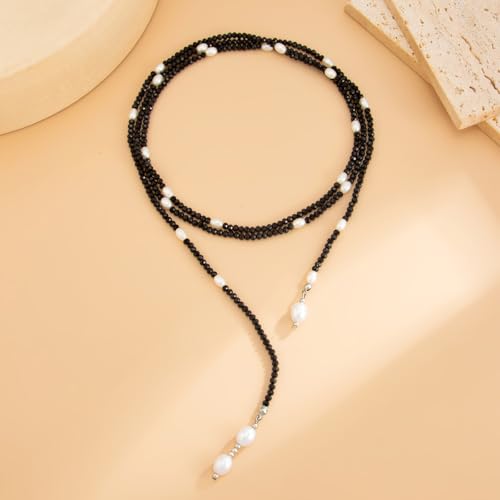 Lariat Long Beaded Necklaces for Women Trendy Y-Shaped Pendant Necklace with Turquoise Baroque Pearl Drops Layered Bohemian Beaded Necklace Fashion Statement Jewelry Gifts - color: Black