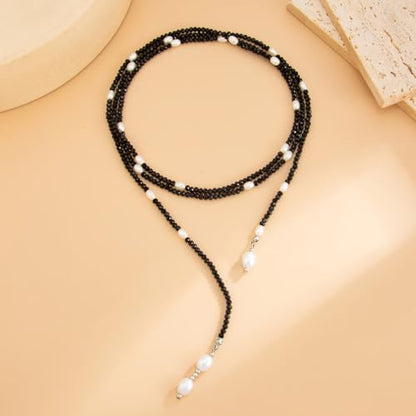 Lariat Long Beaded Necklaces for Women Trendy Y-Shaped Pendant Necklace with Turquoise Baroque Pearl Drops Layered Bohemian Beaded Necklace Fashion Statement Jewelry Gifts - color: Black