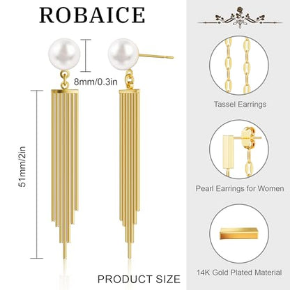 Robaice 14K Gold Plated Dangle Earrings for Women, Long Drop Earrings | Dainty Tassel Earrings Trendy, Hypoallergenic Dangling Lip Block Snake Chain, Threader Earrings for Women, Jewelry Gifts - color: Gold 1