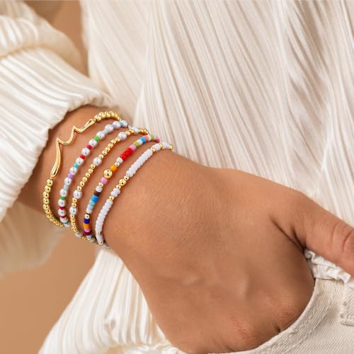 Turandoss 5PCS 14K Gold Plated Beaded Stretch Bracelets Set for Women | Stacked Bow Cross Wave Knot Pearl Beads Bracelet Set, Waterproof 7 Inch Stretch Elastic, Summer Jewelry Gifts for Women Girls - color: 5PCS Wave Beaded Bracelets