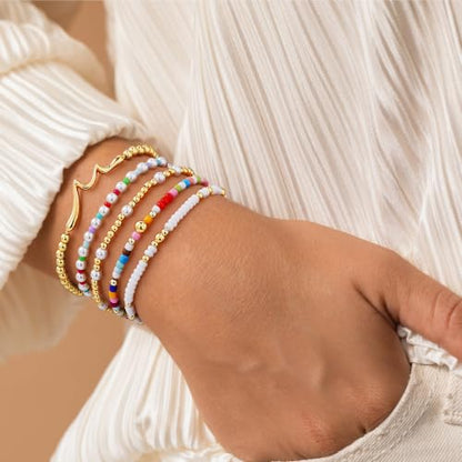 Turandoss 5PCS 14K Gold Plated Beaded Stretch Bracelets Set for Women | Stacked Bow Cross Wave Knot Pearl Beads Bracelet Set, Waterproof 7 Inch Stretch Elastic, Summer Jewelry Gifts for Women Girls - color: 5PCS Wave Beaded Bracelets
