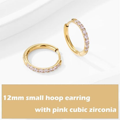 Hypoallergenic Unisex Surgical Steel Small Cubic Zirconia Huggie Hoop Earring, Color Gold - Silver - Rose Gold - Black - Rainbow, Size 6mm- 12mm Safe for Sensitive Ear - style: 12MM Gold Hoops, Pink CZ