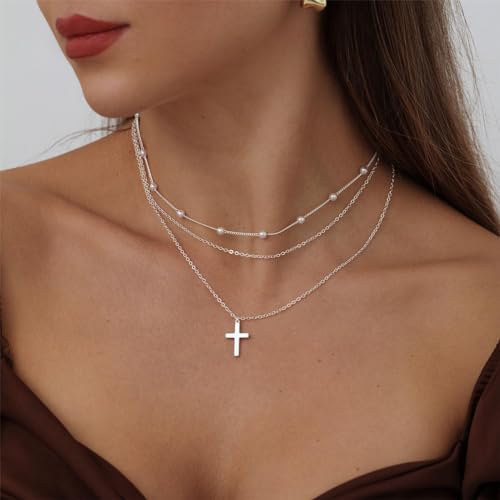 ASCOMY Layered Necklaces for Women Dainty Gold Necklace 14K Gold Plated Herringbone Necklace for Women Pearl Cross Necklace Paperclip Cuban Figaro Rope Satellite Chain Gold Choker Trendy Jewelry Gift - style: 3Layer O Chain Pearl Cross-SL