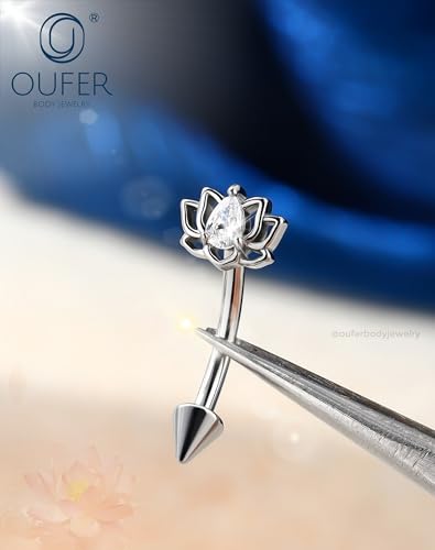 OUFER 16G Rook Piercing Jewelry, Lotus Eyebrow Earrings, 316L Surgical Steel Rook Earrings, Curved Barbell Lip Rings, Helix Cartilage Piercing Jewelry for Women - color: Silver
