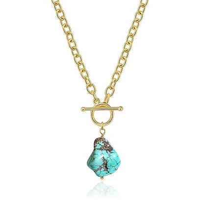Aobei Pearl 18K Gold Plated Moon Star Lion Evil Eye Love Heart Cross Pendant Necklace Medallion Paperclip Chian Choker Layering Jewery for Women - color: Green-blue Synthetic Turquoise