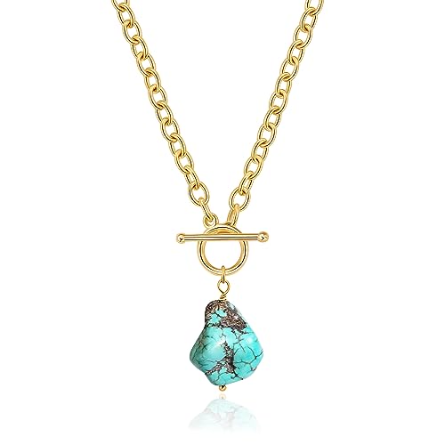 Aobei Pearl 18K Gold Plated Moon Star Lion Evil Eye Love Heart Cross Pendant Necklace Medallion Paperclip Chian Choker Layering Jewery for Women - color: Green-blue Synthetic Turquoise