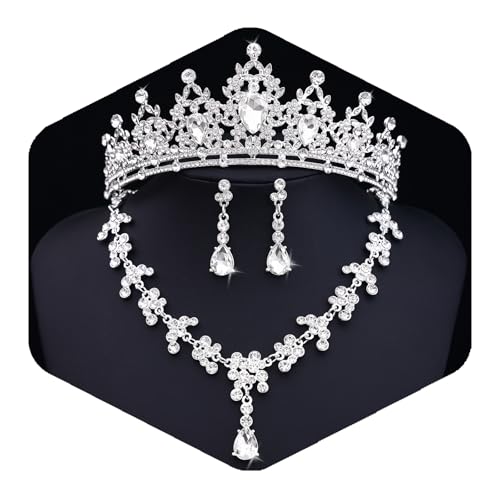 Crystal Crown and Tiara Jewelry Set for Women Bride with Necklace Earrings | Metal Rhinestone Royal Queen Princess Jewelry Set Wedding Quinceanera Pageant Prom Birthday Halloween Party Costume Gift - color: Silver