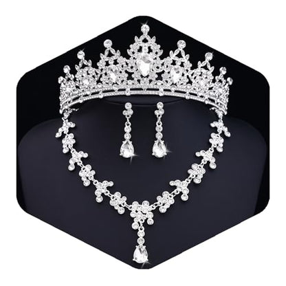 Crystal Crown and Tiara Jewelry Set for Women Bride with Necklace Earrings | Metal Rhinestone Royal Queen Princess Jewelry Set Wedding Quinceanera Pageant Prom Birthday Halloween Party Costume Gift - color: Silver