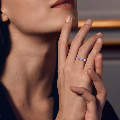Birthstone Wedding Band Eternity Rings 925 Sterling Silver Rings Stackable Anniversary Engagement Rings Cubic Zirconia Inlaid Created Garnet/Amethyst/Sapphire Ring 7 Stone Ring, Size 6 to 10 - color: Amethyst & 5A CZ