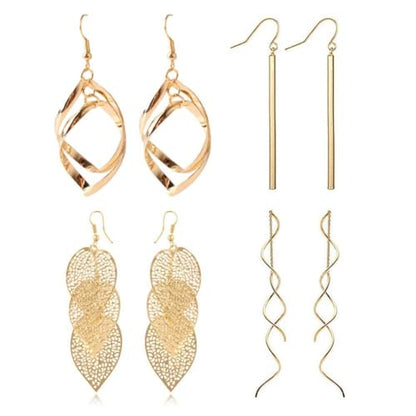 18k Gold Plated Dangle Earrings Set Metal Geometric Bar Earrings Long Leaves Tassel Threader Earrings Set For Women (4PC)