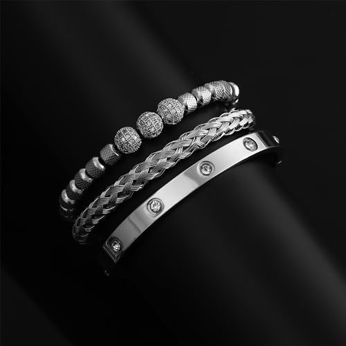WFYOU 3PCS Stainless Steel Imperial Crown Bracelets for Men Gold Roman Numeral Bangle Bracelet Adjustable Cuff Bracelet Mens Luxury Jewelry Gifts - style: 11:Silver-Ball CZ