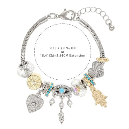 Madison Tyler Gold Plated Bracelet for Women | Celestial Rectangular Plaque Evil Eye Ace of Hearts Playing Card Beaded Charm Bracelet | Cute Adjustable Snake Chain Bracelet - style: Evil Eye
