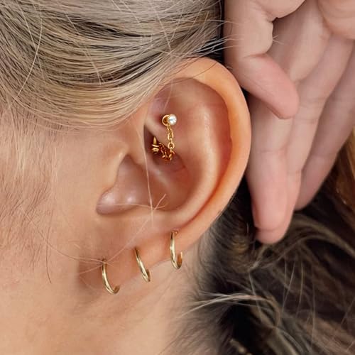 3 Pcs 316L Stainless Steel 16G Tragus Helix Rook Piercing Jewelry with Chain, Cartilage Earrings for Women, Belly Button Ring Vertical Labret Lip Piercing Jewelry - color: Gold, size: Full Setting