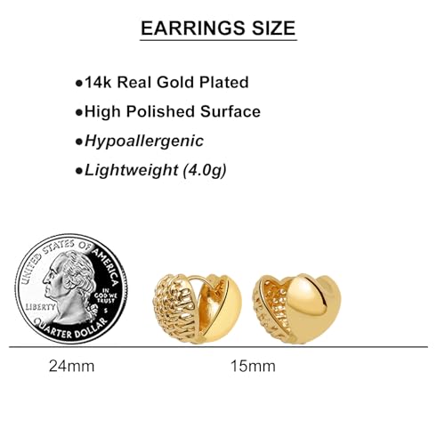 Small Chunky Gold Hoop Earrings For Women, 14k Gold Thick statement huggie hoop earrings Trendy Hoop Earrings Set Hypoallergenic Fashion Earrings - color: Heart-Gold 2