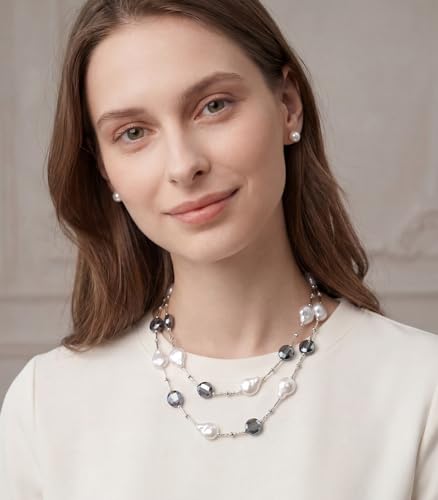 Errally Long Pearl Necklace and Earring Set Layered Pearl Beaded Necklaces for Women White Costume Jewelry Sets Gifts for Mom - color: 14-Silver