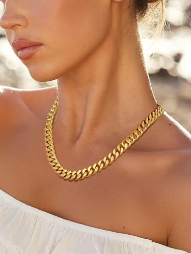 FindChic Cuban Link Chain Necklace for Women Men, Silver/Gold Plated Stainless Steel Solid Miami Curb Chain Hip Hop Punk Statement Jewelry, 5/12/14mm Width, 16/18/20 Inch Length, with Gift Box - color: 04. 12mm-Gold, size: 20inches