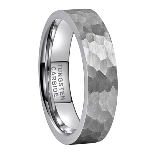 TUTISS 6mm 8mm Silver/Black/Gunmetal/Gold/Rose Gold Hammered Tungsten Rings for Men Women Couple Fashion Jewelry Engagement Wedding Bands Matte Finish Comfort Fit - color: 6mm Silver Tungsten