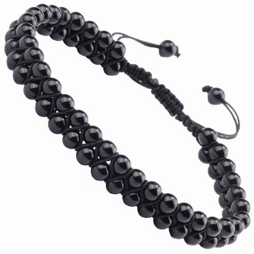 MASSIVE BEADS Double Layer Natural Chakra Healing Power Crystals Macrame Bracelet Yoga Stone Beads Gemstone Meditation Relax Anxiety Bangle for Unisex Women Men - color: Black Onyx, size: 4mm