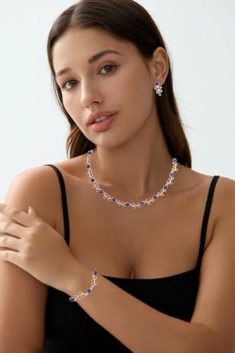 Austrian Crystal Rhinestone Choker Necklace Dangle Earring Link Bracelet Jewelry Set for Brides Bridesmaid Prom Costume Accessories for Women - color: Deep Blue-Gold Plated