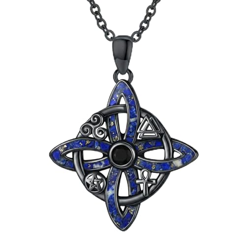 Witch Necklace 925 Sterling Silver Pentagram Triple Moon Pentacle Pendant Wiccan Pagan Jewelry Witchy Gifts for Women - style: Witches Knot-Lapis Lazuli