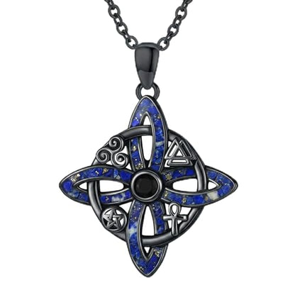 Witch Necklace 925 Sterling Silver Pentagram Triple Moon Pentacle Pendant Wiccan Pagan Jewelry Witchy Gifts for Women - style: Witches Knot-Lapis Lazuli