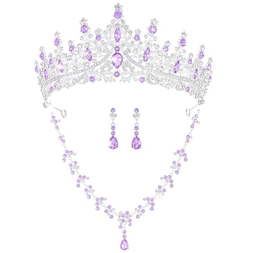 Crystal Crown and Tiara Jewelry Set for Women Bride with Necklace Earrings | Metal Rhinestone Royal Queen Princess Jewelry Set Wedding Quinceanera Pageant Prom Birthday Halloween Party Costume Gift - color: Style E-Purple