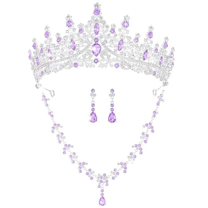 Crystal Crown and Tiara Jewelry Set for Women Bride with Necklace Earrings | Metal Rhinestone Royal Queen Princess Jewelry Set Wedding Quinceanera Pageant Prom Birthday Halloween Party Costume Gift - color: Style E-Purple