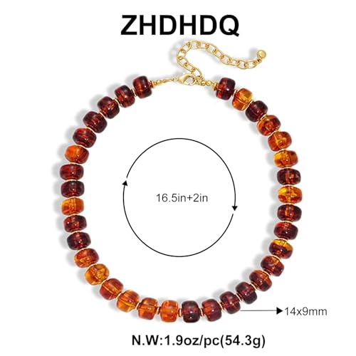 Chunky Beaded Necklace for Women, Colorful Boho Statement Necklace, Gold Chunky Resin Large Bead Necklace, Waterproof Summer Beach Jewelry Gifts for Women - color: Amber