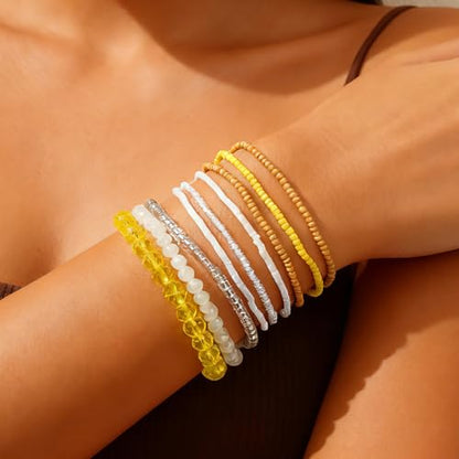 Handmade Stackable Rice Seed Beaded Ball Bracelets set for women, Romantic Boho Trendy Acrylic Glass Stretch Accessories Multi Layer Jewelry, Daily Wear Party Holiday Friendship Gift - color: Yellow
