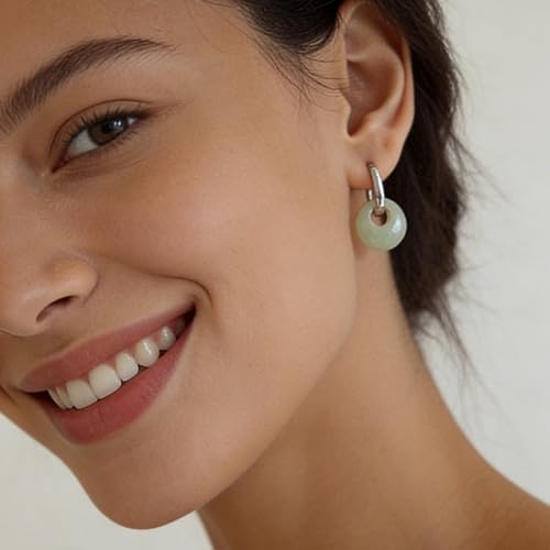Jade Earrings for Women Chunky Hoop Double Hoop Jade Dangle Earrings Crystal Huggie Jewelry - color: A2:silver white jade earrings