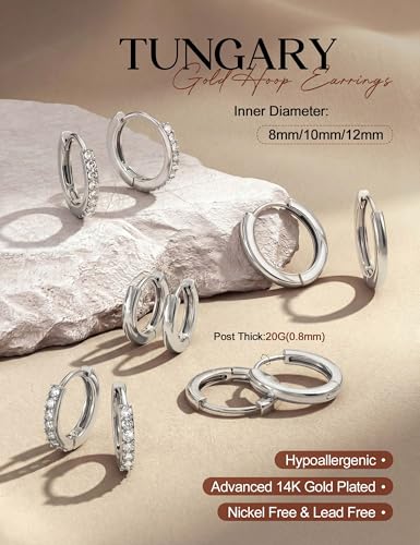 Tungary Small Gold Hoop Earrings for Women Huggie CZ Hoops Earring Stacks | Hypoallergenic Earing Hoops for Sensitive Ears, Earrings Stack Set for Cartilage, Secure Clasp, Silver/Black/14K Gold Plated - color: Silver-Plain & CZ Huggies