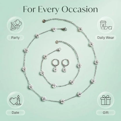 Daisy Pearl Jewelry Set for Women, 14K Gold Plated Stainless Steel Necklace Bracelet Earring 3 Piece Set, Dainty Pearl Choker Flower Necklace Birthday Gift for Her - color: Silver Pearl White
