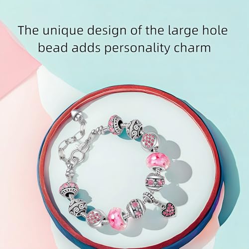 Pink Hearts Silver Plated Charm Bracelet, DIY Jewelry for Women with Beads, Charms, and Adjustable Snake Chain, Fits 7.5"+1.5" - color: Pink, size: 18cm