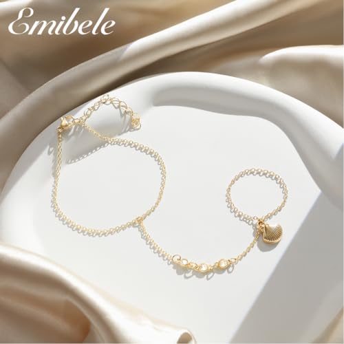 Emibele Gold Bracelets for Women, 18K Gold Plated Hand Chain, Cubic Zirconia Stainless Steel Non Tarnish Hand Chain Bracelet with Finger Ring, Adjustable Trendy Jewelry Valentines Day Gifts for Women - style: Shell Design