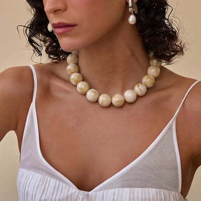 Multicolor Chunky Beaded Necklace, Statement Colorful Round Ball Beads Choker Necklace with Gold-Tone Adjustable Chain, Fashion Bold Neck Jewelry for Women - color: 20MM-Beige