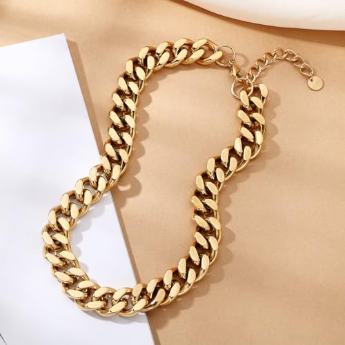FEEL STYLE Chunky Gold Necklace for Women - 14K Gold Plated 10mm/14mm Cuban Link Chain & 8mm O-Link Chunky Necklace Fashion Jewelry Adjustable - color: Gold Chain, style: 14MM Cuban Link Chain