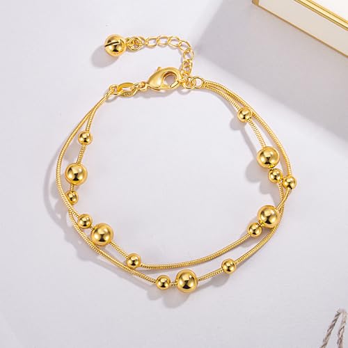 Womens Anklet 925 Sterling Silver Layered Anklet Bracelet Dainty Beaded Foot Chain Adjustable Summer 24k Gold Plated Beach Jewelry Gift - color: Snake Chain Gold