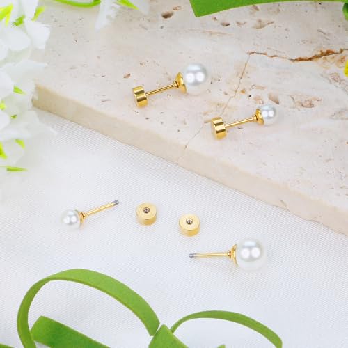 SmileBelle 2 Pairs Pearl Stud Earrings for Women, Flat Back Earring | 20 Gauge Titanium Screw Back Earrings for Nap Sleep, Cartilage Stud Earrings for Girls Helix Piercing Jewelry - size: 4mm+6mm, style: Gold Pearl