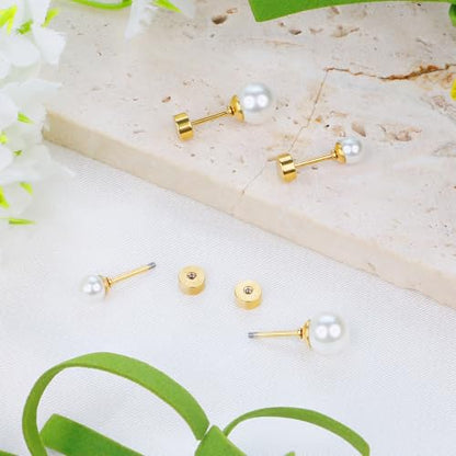 SmileBelle 2 Pairs Pearl Stud Earrings for Women, Flat Back Earring | 20 Gauge Titanium Screw Back Earrings for Nap Sleep, Cartilage Stud Earrings for Girls Helix Piercing Jewelry - size: 4mm+6mm, style: Gold Pearl