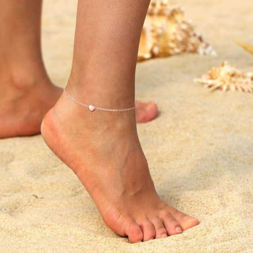 ChicSilver Personalized 925 Sterling Silver Tiny Heart/Moon/Star/Sun/Dot/Triangle Anklets Simple Dainty Foot Jewelry for Women, Silver/Gold Plated/Rose Gold Plated - style: Rose Gold Heart